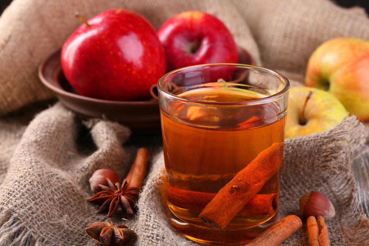 Apple cider with cinnamon sticks and spices cozy autumn drink