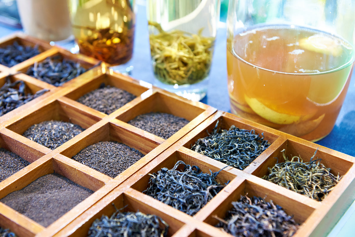 Different varieties of loose leaf tea displayed together