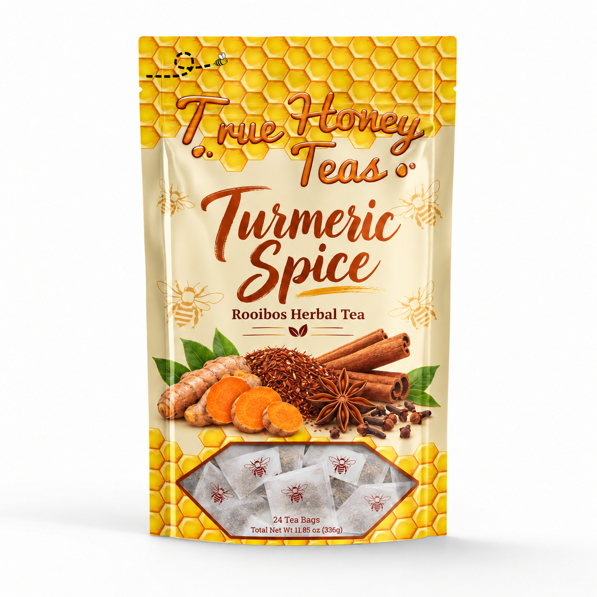 True Honey Teas Turmeric Spice Rooibos Herbal Tea pouch, 24 tea bags with honey granules